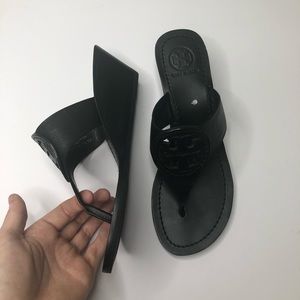 Tory Burch Louisa logo wedge sandals, black size 7